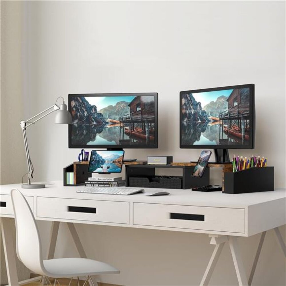 Simple Houseware Desk Dual Monitor Stand Riser with Drawer, Rustic Brown - Picture 5 of 6
